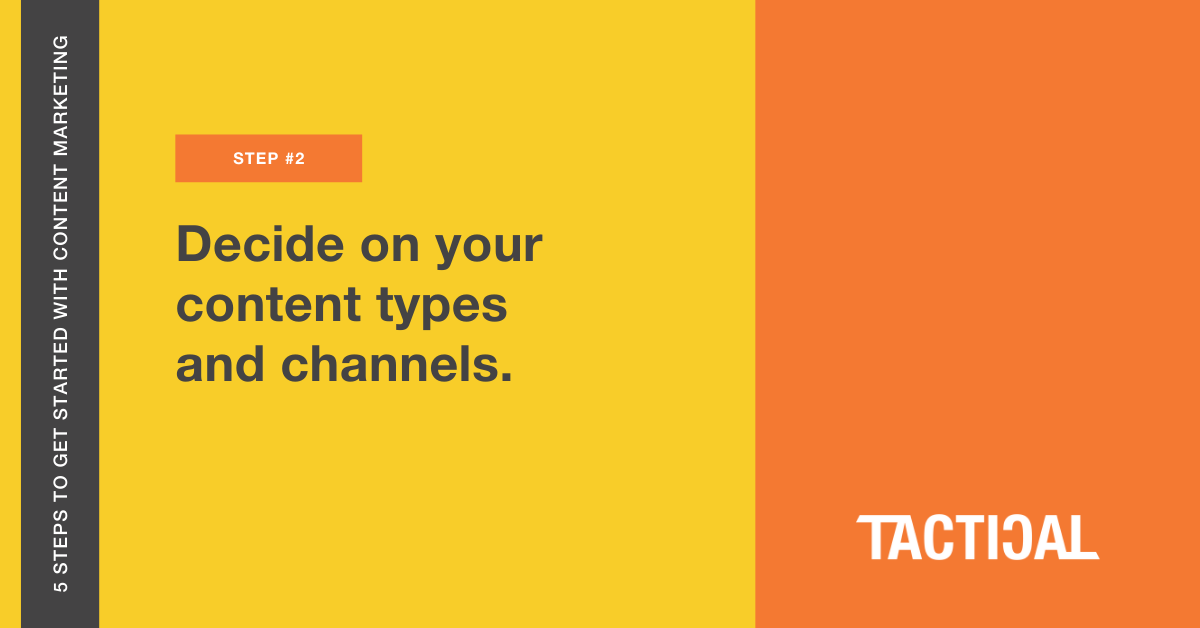 Tips to get started with content marketing: Decide on your content types and channels. Tactical Program.