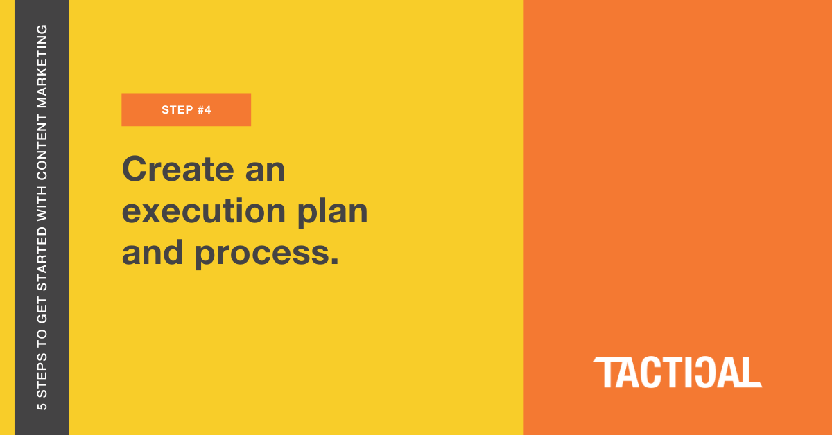 Tips to get started with content marketing: Create an execution plan and process. Tactical Program.